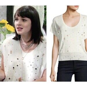 T Alexander Wang Distressed Knit Top Short Sleeve White Scoop Neck Dainty Grunge
